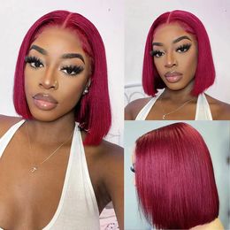 Bob Wig Human Hair Burgundy 99J Straight 13X4 Lace Front Wig 180% Density Short Straight Frontal Bob Wig 220%density Lace Frontal Wig