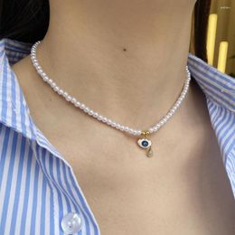 Pendant Necklaces Neo-gothic Evil Blue Eye Imitation Pearl Necklace For Women Collar Gold Colour Stainless Steel Clasp Bulk Items Wholesale