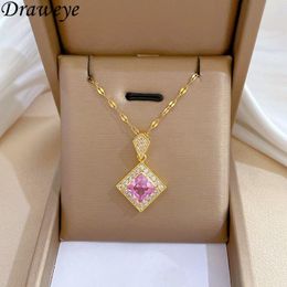 Pendant Necklaces Draweye Square For Women Purple Crystal Elegant Korean Fashion Jewelry Sweet Titanium Steel Necklace