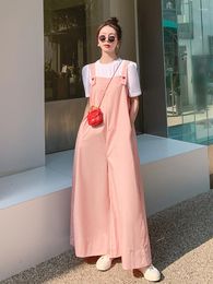 Women's Pants Fashion Korean Pink Wide Leg Strap Overalls Jumpsuit 2023 Summer Women Elegant Loose Casual Suspender Bib Trousers L009