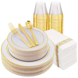 Other Event Party Supplies 70 Pcs Disposable Tableware White Plastic Tray With Gold Rim Golden Silverware Cup Napkin Combo Wedding 230822