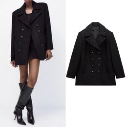 Womens Wool Blends Autumn Winter Women Rivet Lapel Long Sleeve Single Breasted Medium Length Warm Coat Fashion High Street Style 230822