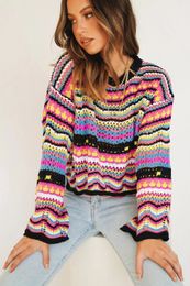 Women's Sweaters Rainbow Sweater Autumn Winter Women Casual Round Neck Long Sleeve Loose Pullovers Lady Fashion Patchwork Knitted Striped Sweater 230822