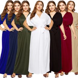 Trendy Plus Size Women's Dresses Stylish Solid Colour V-Neck Loose Dress with Irregular Hem AST360084