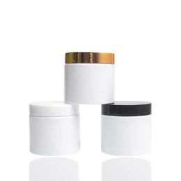 wholesale 200ml White Cosmetic Jars with Gold Lids Plastic Refillable Containers for Cream Body Butters Sugar Scrub Medicine LL