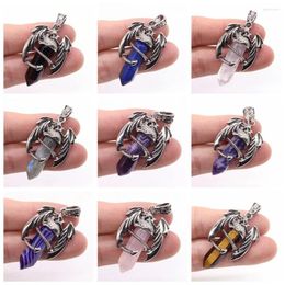 Pendant Necklaces Dragon Man Necklace Natural Gem Stone Healing Amethyst Pink Quartz Lapis Hexagonal Crystal Vintage Jewelry For Women