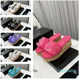 Interlocking C Fur Slippers High heels Plush platform Slipper Warm Sandal Winter Autumn Slides Designer Women Wedge Sandals dress shoes for wedding party