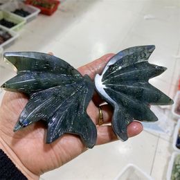 Decorative Figurines Natural Labradorite Bat Wings Crystal Animal Carving Crafts Healing Energy Stone Fashion Home Decoration Gift 1pair