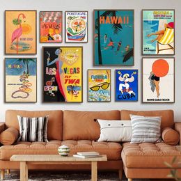 Vintage Travel Posters Prints Vegas Miami Monte Carlo Hawaii Las Seascape Canvas Painting Wall Art Pictures for Living Room Bedroom Home Decor No Frame Wo6