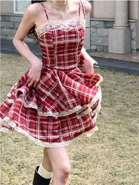 Red Plaid Vintage Elegant Dres Lace France Sweet Party Mini Dress Female a Line Retro Kawaii Strap Summer New 230808