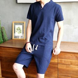 Men's Tracksuits Cotton And Linen T-shirt Short Sleeve Summer Large Size Youth Solid Colour V-neck Undershirt Suit