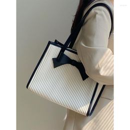 Evening Bags Contrasting Colour Tote Bag 2023 Women's Vintage Bow Vertical Stripe Shoulder Fashion High Street Large Capacity Handbag