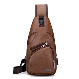 School Bags Crossbody Chest Men USB Charging Headphone Plug Waist PU Leather and Canvas Shoulder Bag Boy Diagonal Package 230823