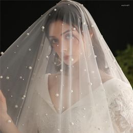 Bridal Veils Beaded Pearls With Comb White Lace Edge Wedding Veil Handmade Women Accessories Headpiece