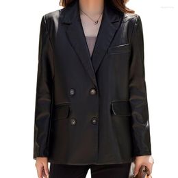 Women's Leather 2023 Suit Jacket Women Blazers Outerwear Spring Autumn Armygreen Black Loose Tops Double-breasted Casual Coats
