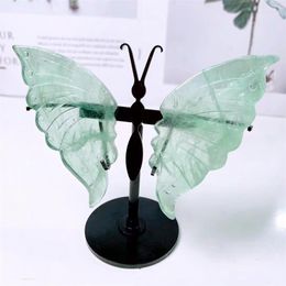 Decorative Figurines Natural Fluorite Butterfly Wings Carving Quartz Healing Energy Gemstone Crystal Crafts For Study Decoration 1pair