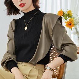 Women's Sweaters 2023 Autumn Winter Half High Collar Sweater Women Elegant Fashion Ruffles Patchwork Silk Butterfly Sleeve Slim Womens Tops