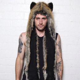 BeanieSkull Caps MenWomen Faux Fur Hood Animal Hat Ear Flaps Gloves 3in1 Animal Fur Hat Wolf Plush Warm Imitation Fur Hats Cap with Scarf Gloves 230823