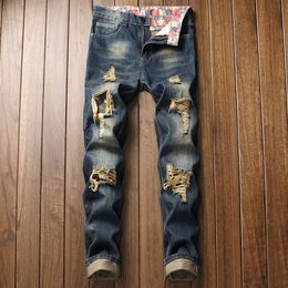 Men Casual jeans denim Vintage Patchwork Ripped jeans Pencil pants Elastic Vintage Mid Waist high quality260U