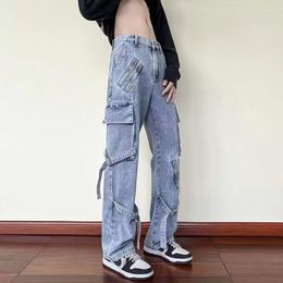 Women's Jeans High Street Black Bandage Zipper Men Straight Trousers Slim Pants Overalls Multi Pocket Wide Leg