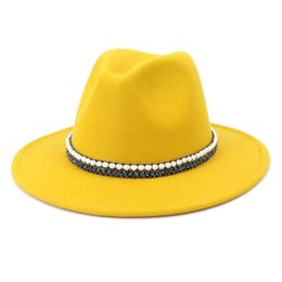 Wide Brim Hats 2021 Wool Jazz Fedora Casual Men Women Leather Pearl Ribbon Felt Hat White Pink Yellow Panama Trilby Formal Party C213K