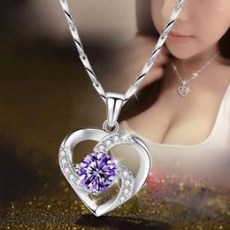 Chains Silver Colour Shining Zircon Heart-shaped Pendant Necklace For Women Girls Simple Delicate Heart Geometric Jewellery Gifts