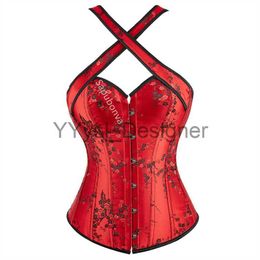 Corset Top Bustier Halter Strap Embroidery Flower Plus Size Overbust Burlesque Sexy Lingerie Women Red Black DropShipping x0823