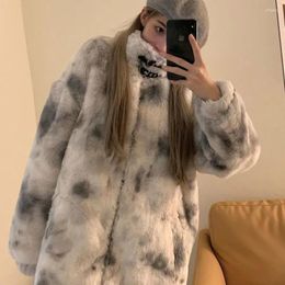 Women's Fur Winter Tie Dyed Plush Coat Thicken Loose Cotton Faux Jacket Stand Collar Imitation Hair Warm Packa Coats