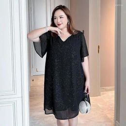 Party Dresses Women's Fat Mm Black Dress Summer 2023 140kg Fashionable Loose Thin Short-sleeved Temperament V-neck