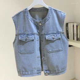 Women's Vests Vintage Blue O Neck Big Pocket Denim Vest Women Waistcoat Korean Casual Cowboy Sleeveless Jacket Loose Short Jeans Female