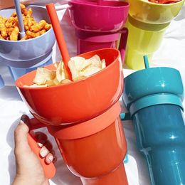 Water Bottles 2 In 1 Snack Bowl Drink Cup With Straw Portable Stadium Tumbler Colour Change Splash Proof Leakproof Container