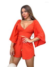 Women's Pants Spring V-neck Back Horn Sleeve Shirt High Waist Shorts Fashion Casual Suit