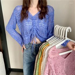 Women's T Shirts Women Blouse Korean Style 2023 Spring Summer Loose V-neck Hollow Out Drawstring Pleated Short Candy-Colored Tops