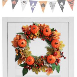 Decorative Flowers Autumn Wreath Harvest Pumpkin Maple Fall 3D With Leaves Pumpkins Berries For Front Door Thanksgiving Home