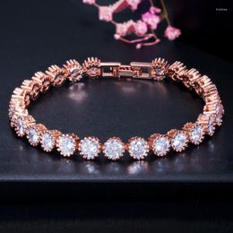 Link Bracelets ThreeGraces Sparkling White Cubic Zirconia Stone Rose Gold Colour Round CZ Tennis Bracelet For Women Fashion Party Jewellery