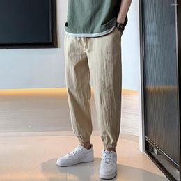 Men's Pants 2023 Summer Fashion Linen Thin High Waist Lace Up Panel Pocket Loose Casual Sports Trend Cropped Leggings