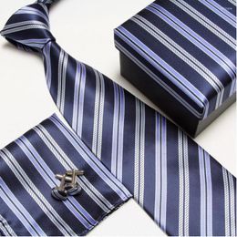 Bow Ties HOOYI 2023 Striped Neck Tie Set Pattern Cuff Links Cufflinks Hanky Handkerchiefs Gift Box