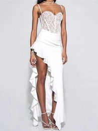 Casual Dresses TEMUSCOLA Spaghetti Strap White Ruffle Dress Women Sexy Backless Split Midi Summer Lace Elegant Female Party Robe