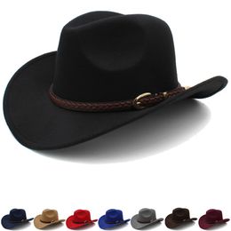 Wide Brim Hats Bucket Woollen coffee belt mens and womens warm western cowboy hat in autumn winter 230822