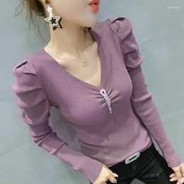 Women's Sweaters Black White Purple Green Casual Knitted Sweater Women Turtleneck Pullovers V Neck Sexy Tight Female Puff Sleeved