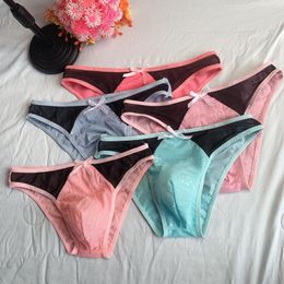 Underpants Men Sexy Briefs Sheer Bugle Pouch Underwear Panties Lace Ultra-Thin Low Rise Jacquard Lingerie Soft Bownot Sissy