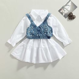 Clothing Sets Fashion Children Baby Girl Clothes Solid Color Long Sleeve Shirt Dress Beading Vest 2Pcs Clothes