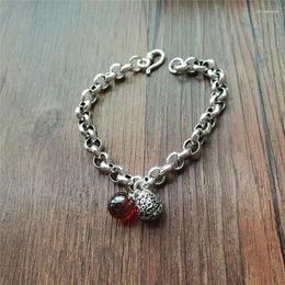 Link Bracelets Thai Silver Color Fashion Vintage Small Bell Red Stone Charm Bracelet For Women Men High-end Design Trend Jewelry Bangles