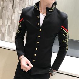 4 Colour Gold Button Chinese Collar Suit Jacket Slim Fit Mens Blazer Pattern Army Pilot Jacket Men Black Blue Red White Blazer2508
