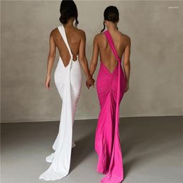 Casual Dresses Backless Oblique Shoulder Maxi Dress For Women Back Ruched Strap Sleeveless Elegant Gown Long Vestidos Party Clubwear