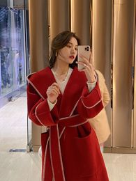 Women's Wool Blends Red Shell Lace Up Tie Double-Sided Long Woollen Jackets Autumn/Winter Loose Hooded Barthrobe Style Women 100% Wool Coats 230823