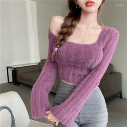 Women's Sweaters Sexy Crop Sweater Woman Winter 2023 Long Sleeve Top Korean Fashion Y2k Streetwear Sweet Square Neck Pullover