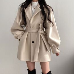 Womens Wool Blends Women Solid Blend Coat Slim Fit Belt Coats Female Warm Cotton Thicker Vneck Office Lady Elegant Trendy Button Outwear 230822