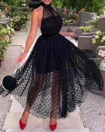 Casual Dresses Women Black Halter Birthday Female Tulle Hollow Out Backless Vacation Beach Party Gowns Elegant Lace Up Swing Long Dress