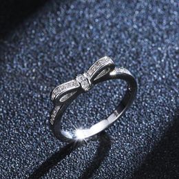 Cluster Rings Korean Version Of Cute Bowknot Ring Silver Jewelry Girl Fashion Thai Zircon Wholesale